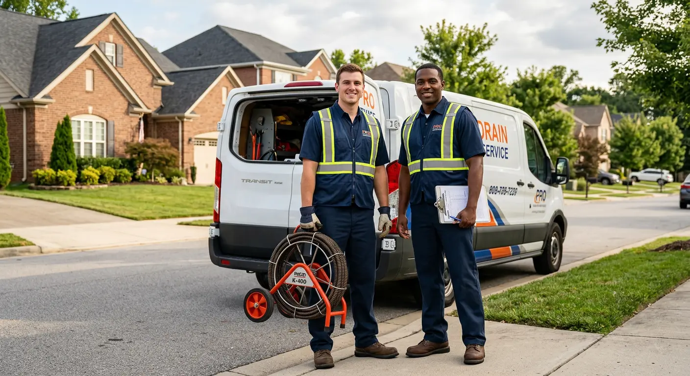 Sewer and drain service team with equipment ready for work in Bonham