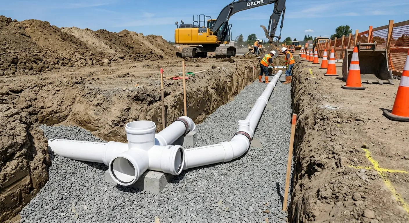 New PVC sewer pipe installation in open trench for Sewer Backup in Bonham