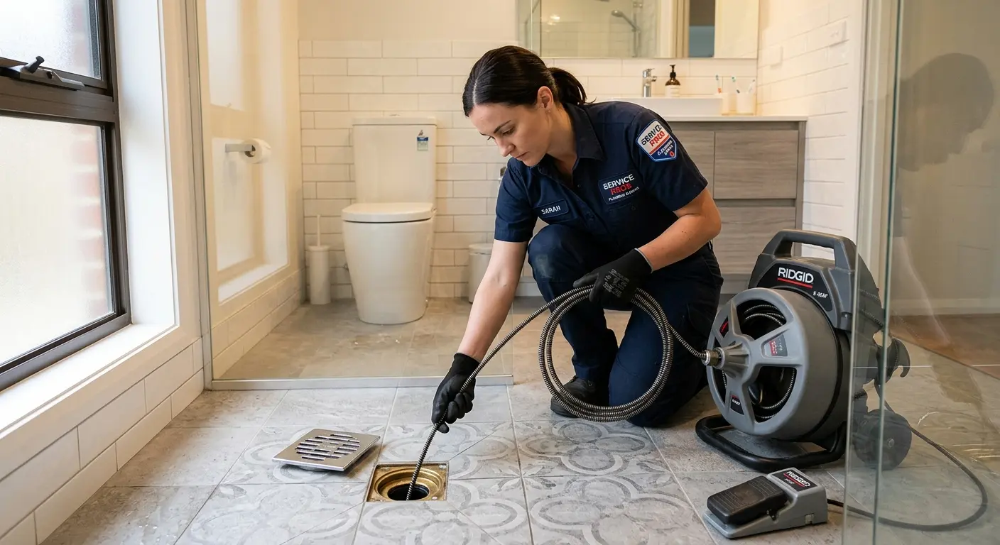 Technician clearing a bathroom floor drain for Drain Repair in Bonham